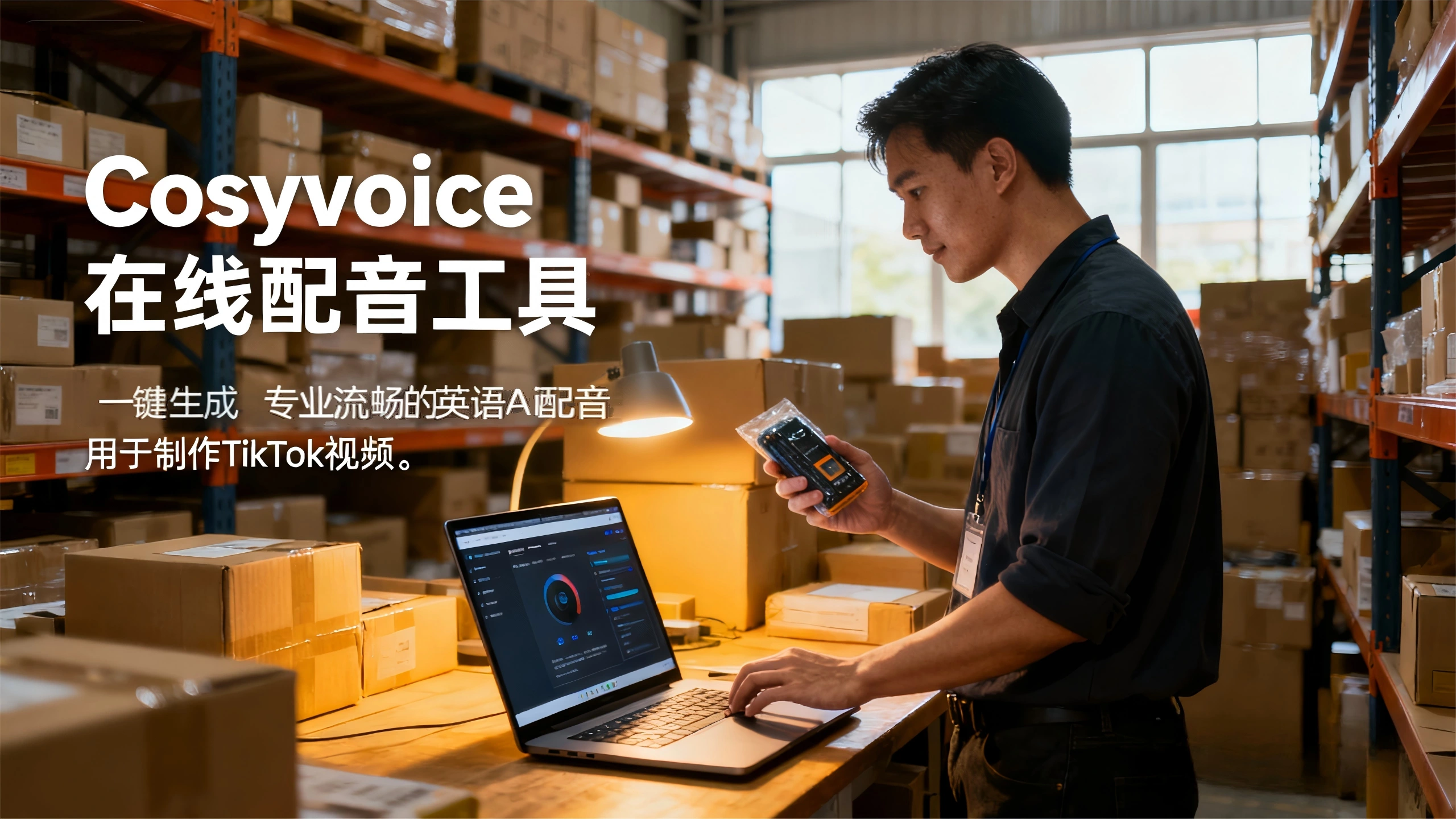 一位跨境电商卖家在仓库中利用Cosyvoice在线配音工具，快速为产品视频生成专业流畅的英语AI配音。他专注操作笔记本电脑上的Cosyvoice界面，轻松完成多语种语音合成，展现了免本地部署、一键发布的便捷性，极大提升了跨境内容创作效率。