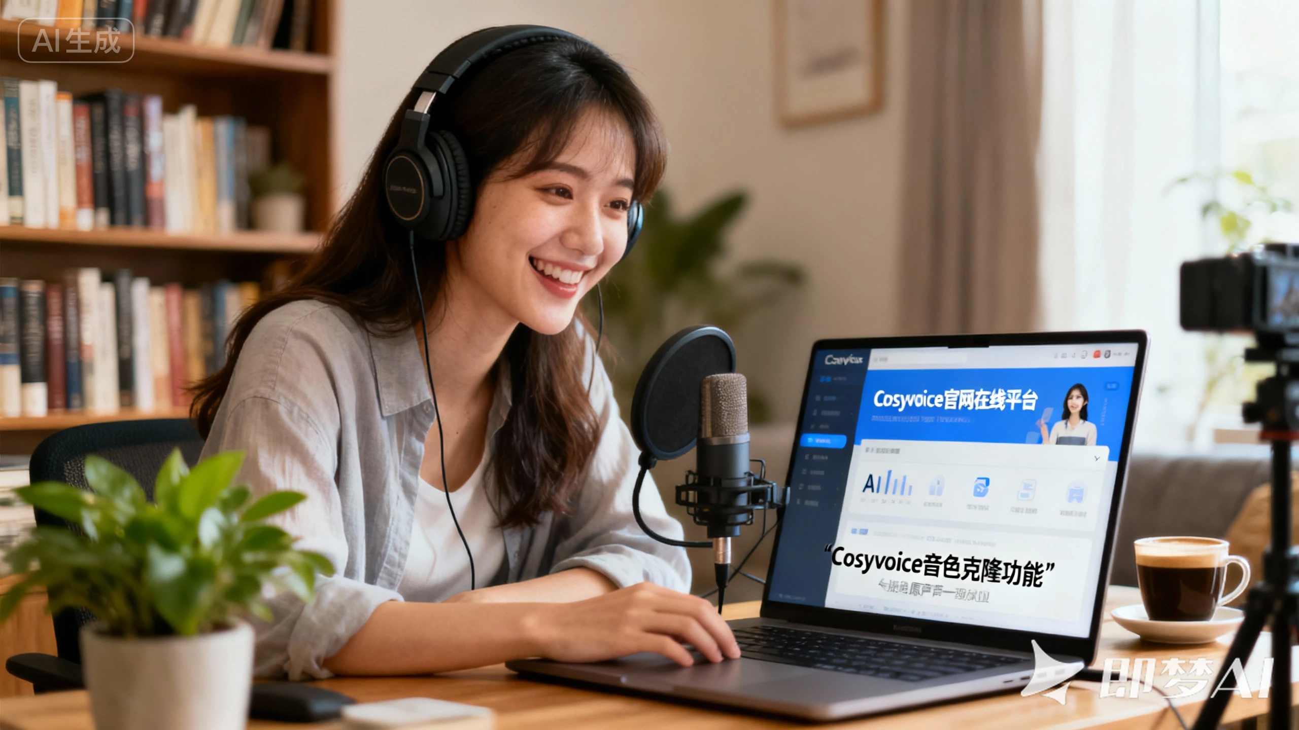 一位内容创作者在舒适的家庭办公室中，使用Cosyvoice官网的在线平台体验其核心的AI音色克隆功能。她通过耳机试听由自己声音克隆生成的AI配音，操作简单，效果逼真，充分展示了Cosyvoice在AI语音合成和个人化数字声音创作方面的强大能力。