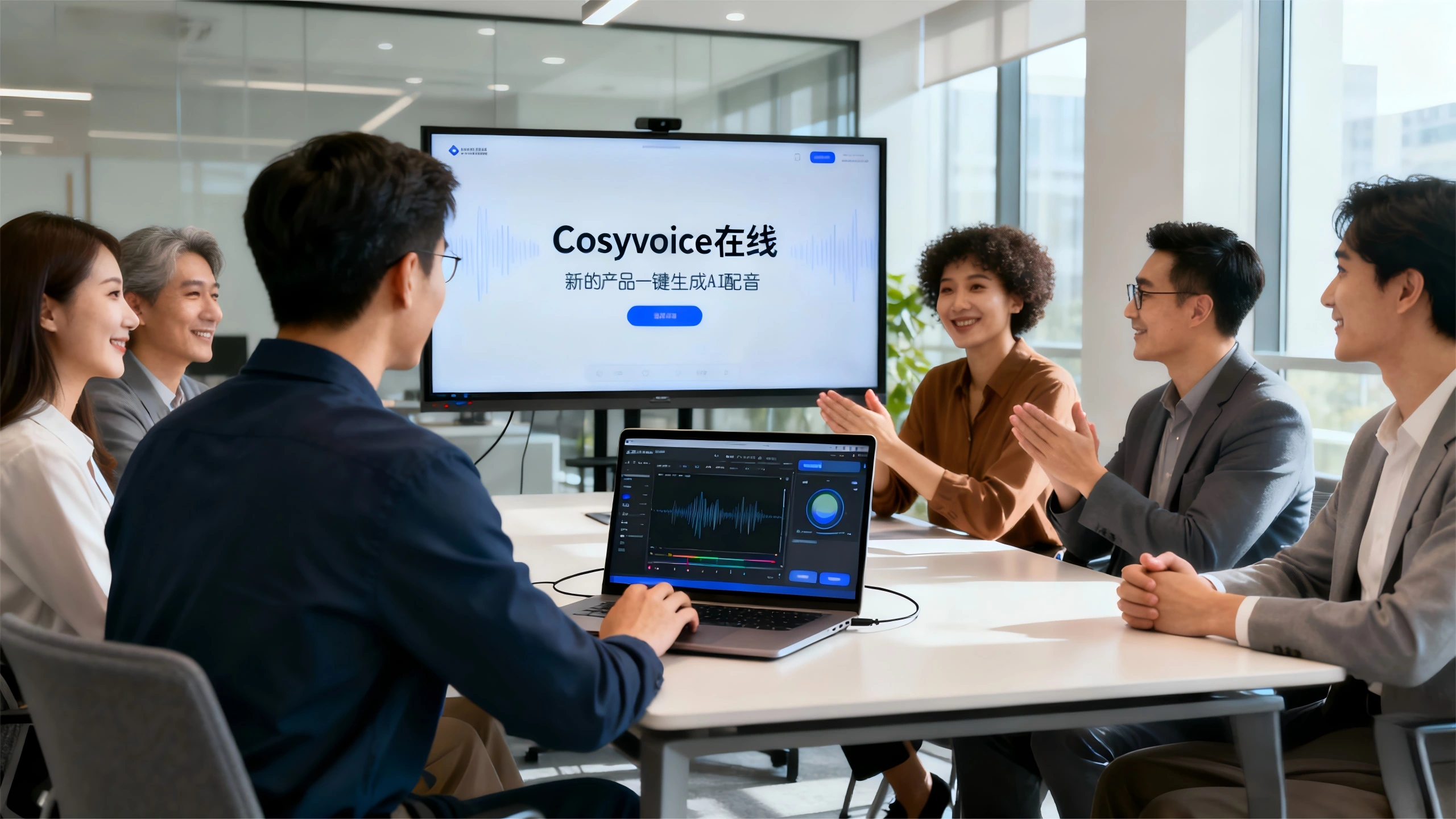一位内容创作者在舒适的家庭办公室中，使用Cosyvoice官网的在线平台体验其核心的AI音色克隆功能。她通过耳机试听由自己声音克隆生成的AI配音，操作简单，效果逼真，充分展示了Cosyvoice在AI语音合成和个人化数字声音创作方面的强大能力。